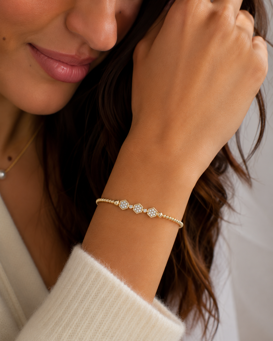 14K Yellow Gold Bujukan Bead Cuff Bracelet with Cluster Diamond Hexagon Stations