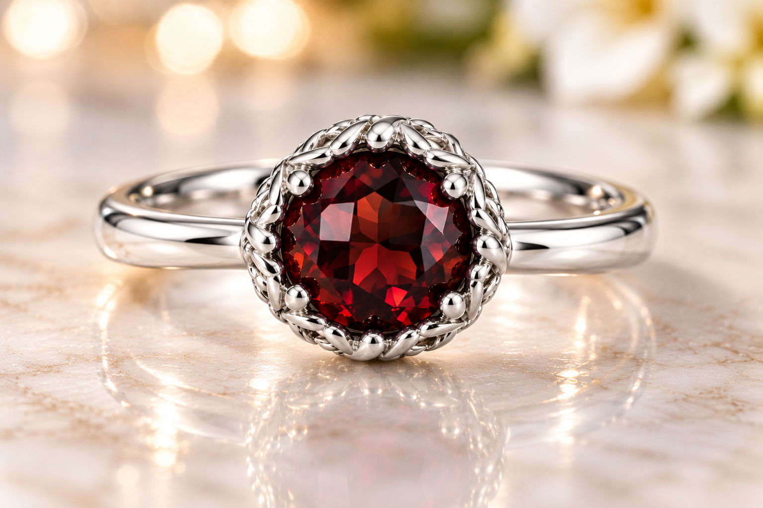 Charles Krypell Sterling Silver Garnet Ring – Ornate Designer Bezel