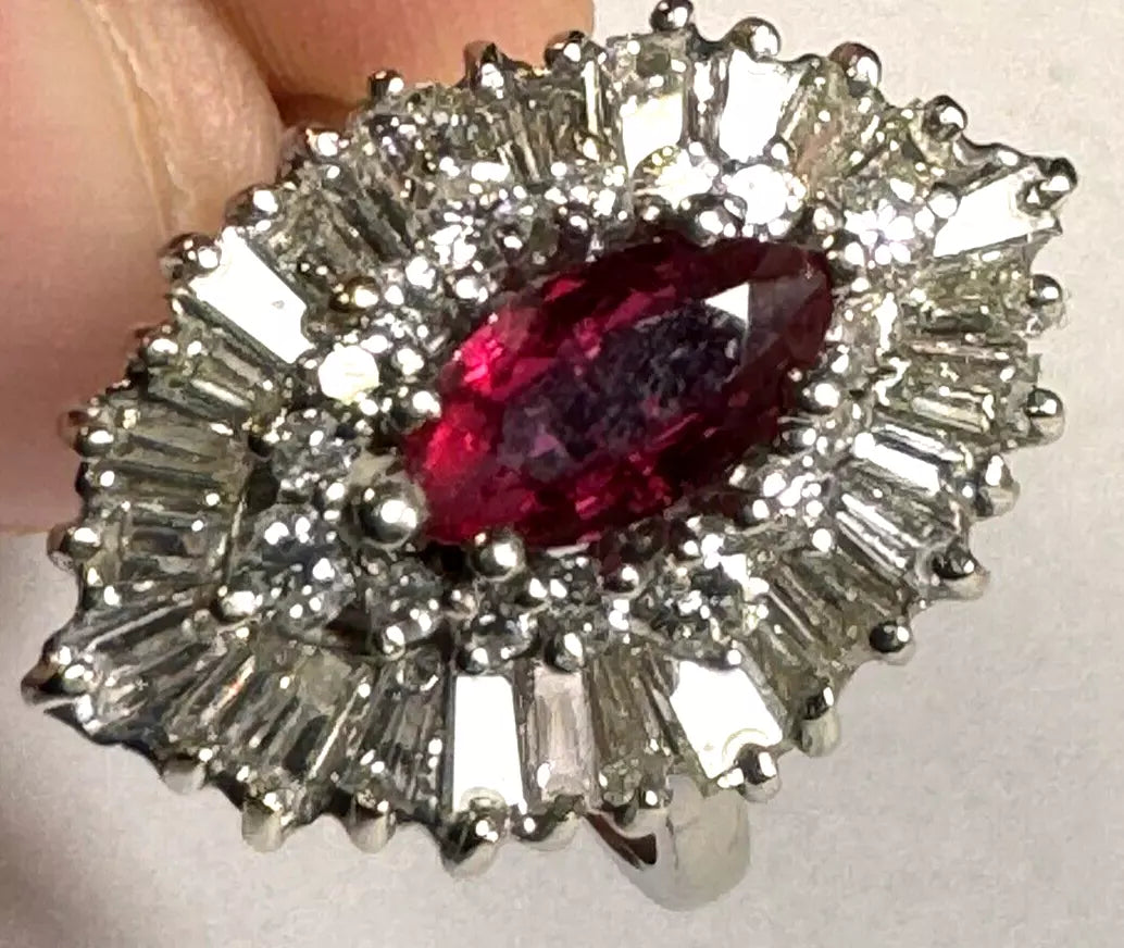 Vintage Estate 14k White Gold Baguette Diamond Ballarina Cocktail Ring With Ruby