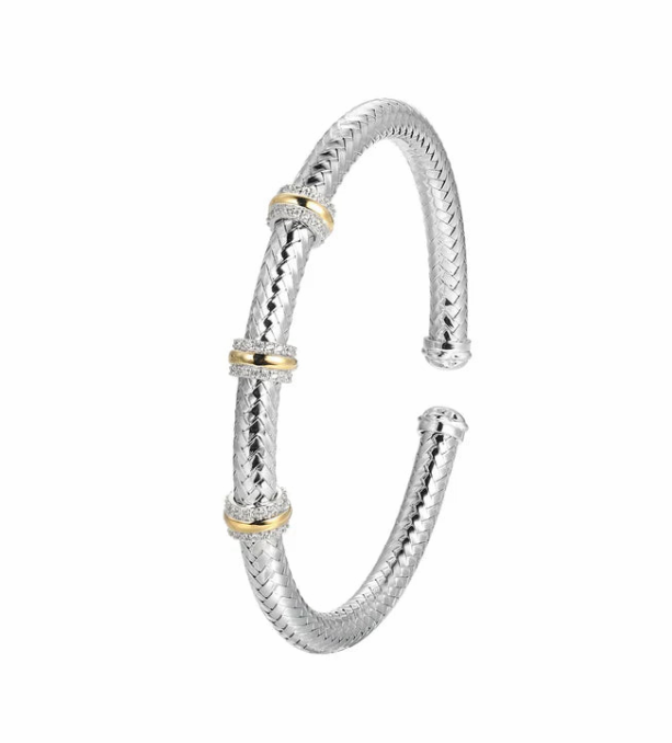 Sterling Silver New Mesh 2 Cubic Zirconia Station Cuff Bracelet Inner Circumference