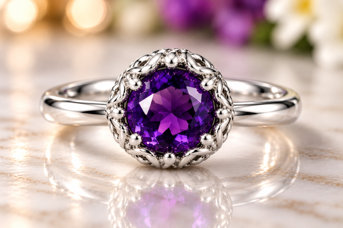 Charles Krypell Amethyst Ring in Sterling Silver – Ornate Bezel, Size 8