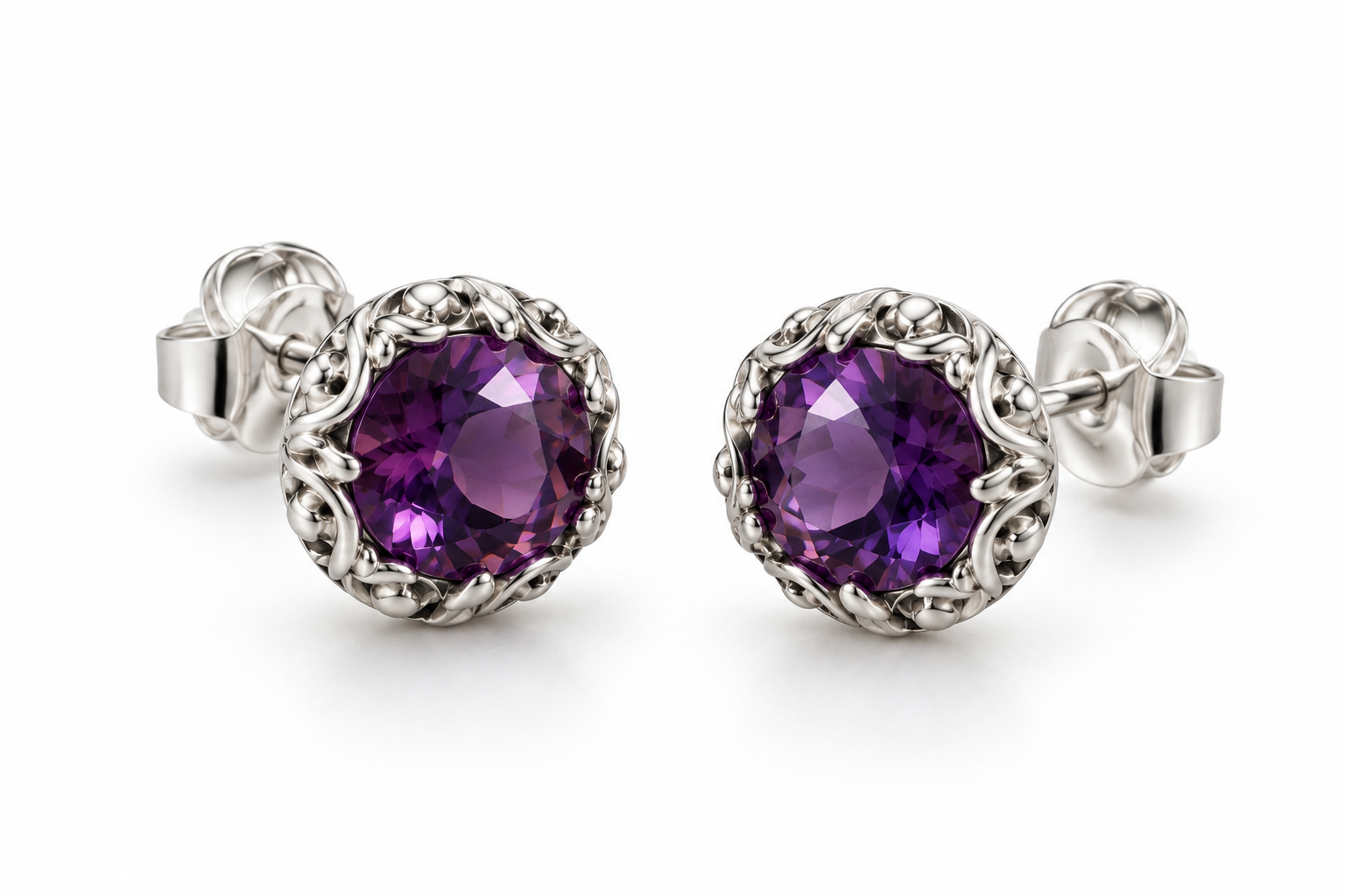 Charles Krypell Sterling Silver Amethyst Stud Earrings – Ornate Designer Setting