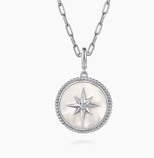 925 Sterling Silver Bujukan White Sapphire and Mother Of Pearl Round Starburst Medallion Pendant