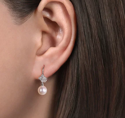 14K White Gold Floral Diamond Pearl Drop Earrings 0.10CTW