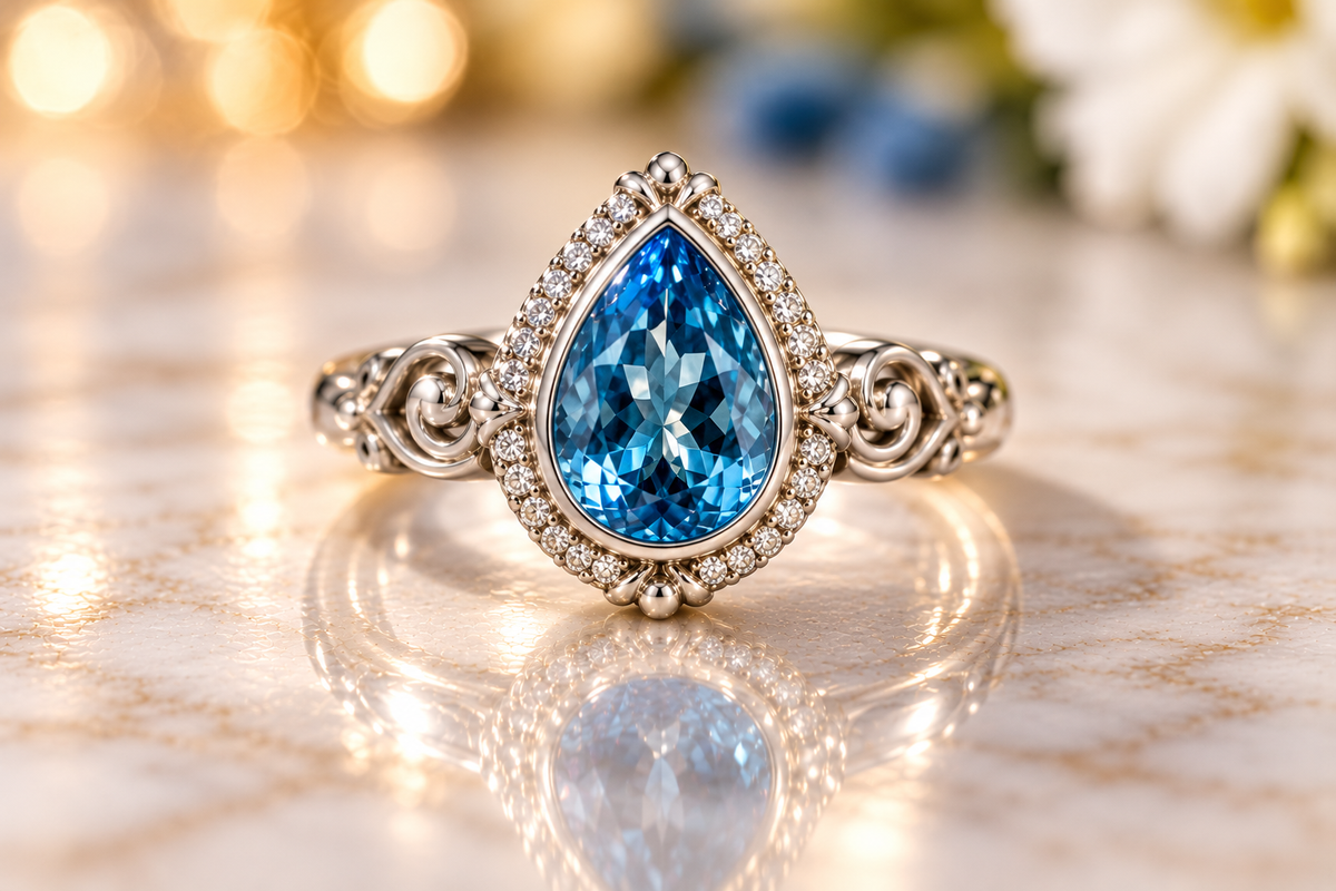 Charles Krypell Blue Topaz Pear-Shaped Gemstone Ring with Diamond Halo – Sterling Silver