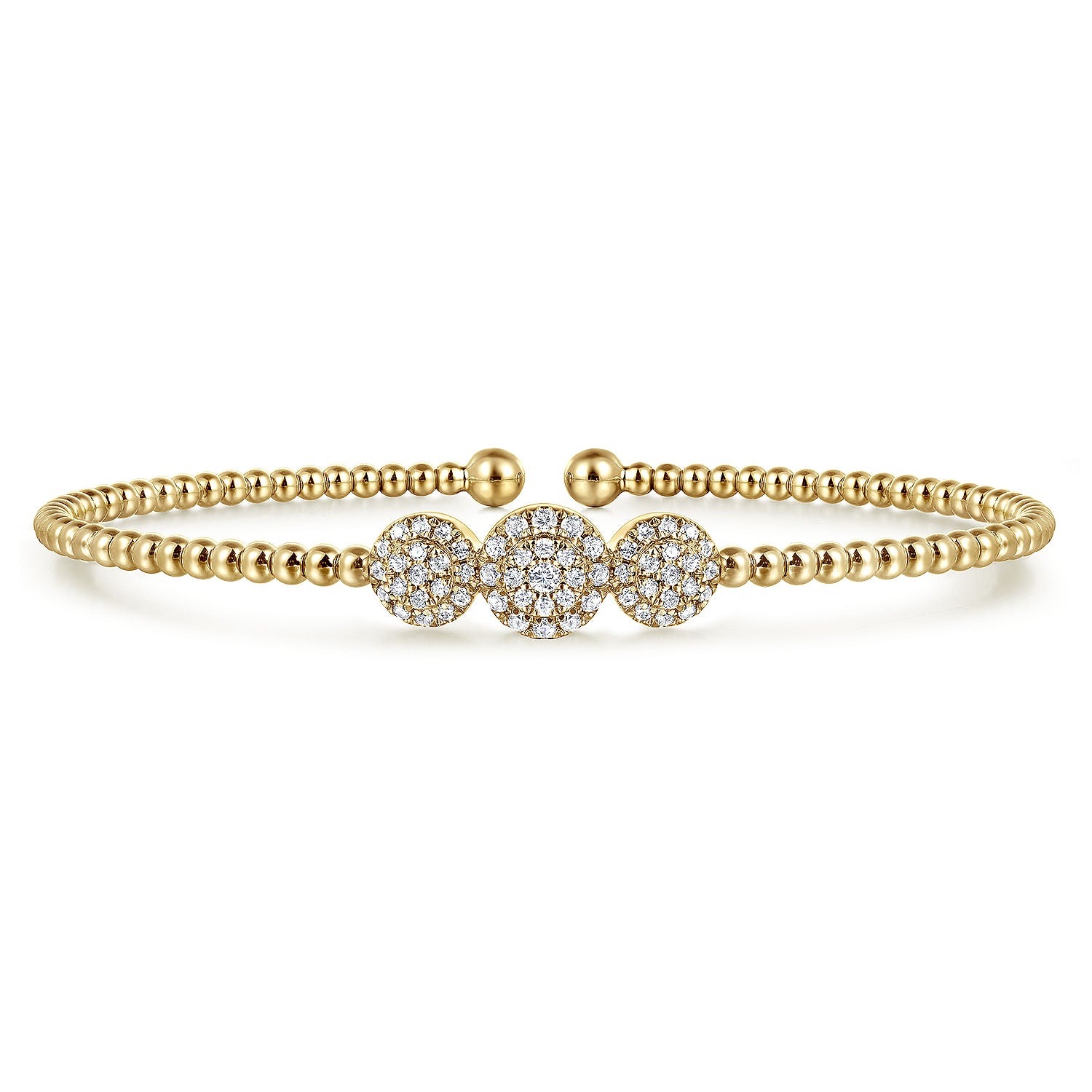 14K Yellow Gold Bujukan Bead Cuff Bracelet with Three Pavé Diamond Stations
