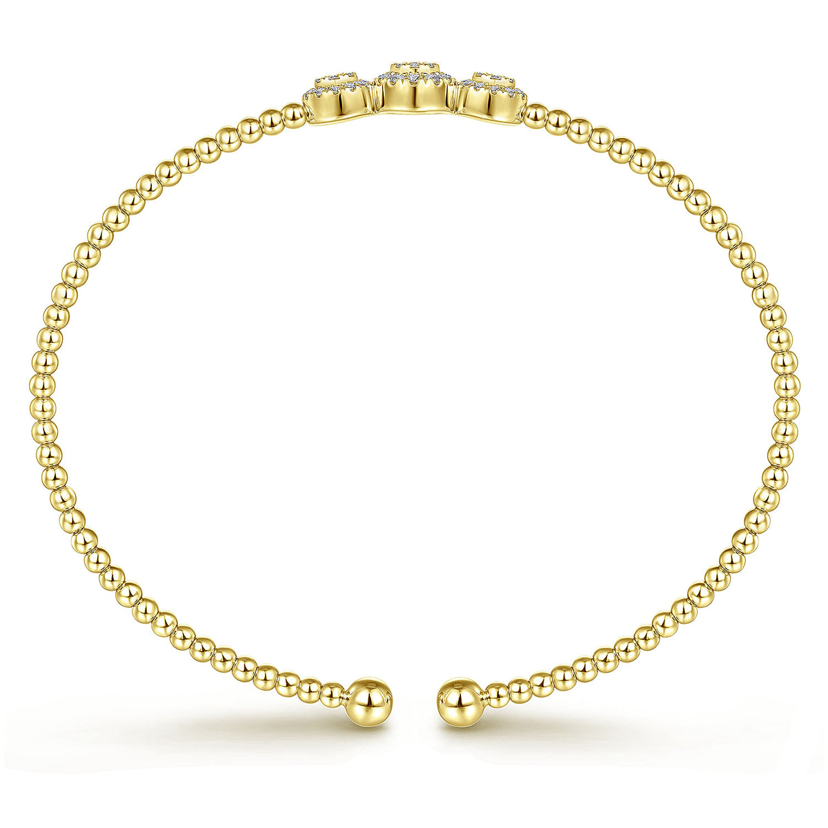 14K Yellow Gold Bujukan Bead Cuff Bracelet with Three Pavé Diamond Stations