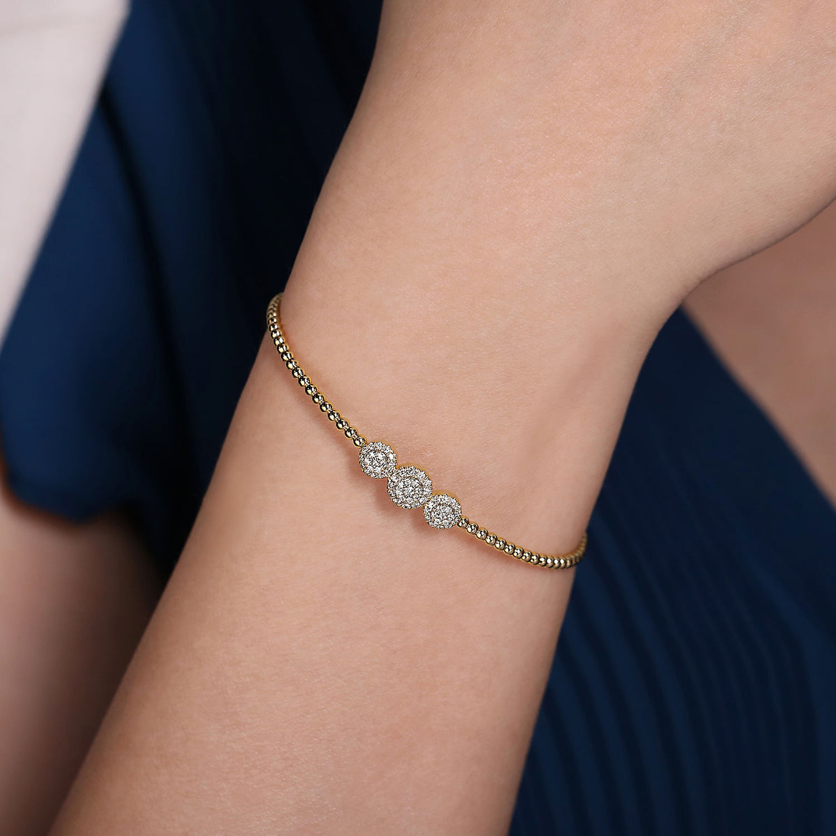 14K Yellow Gold Bujukan Bead Cuff Bracelet with Three Pavé Diamond Stations