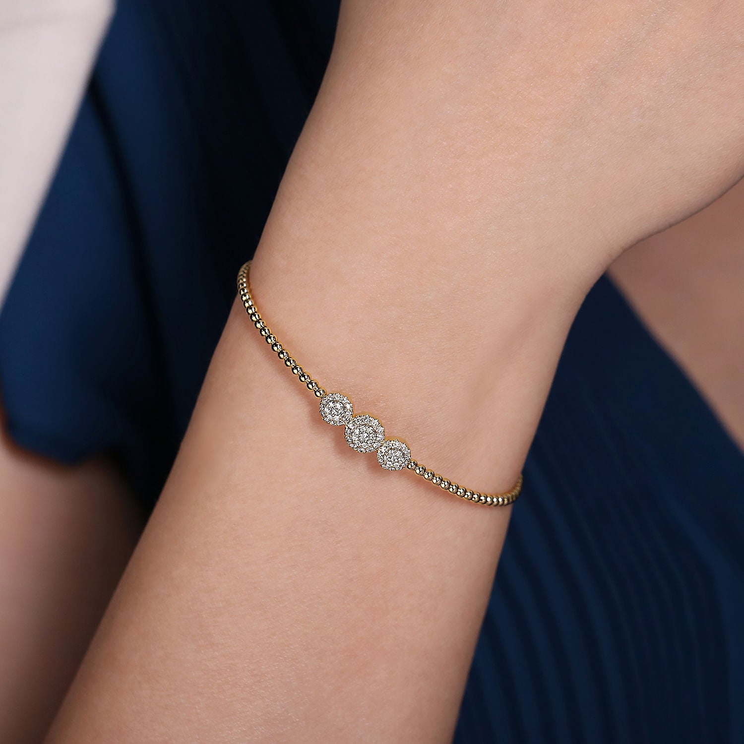 14K Yellow Gold Bujukan Bead Cuff Bracelet with Three Pavé Diamond Stations