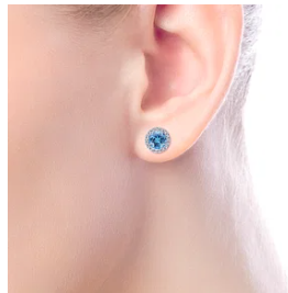 14K White Gold Blue Topaz and Diamond Halo Stud Earrings