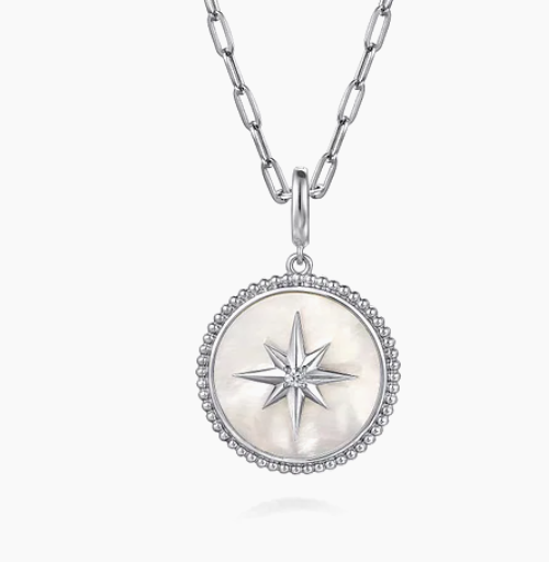 925 Silver Bujukan White Sapphire and Mother Of Pearl  Medallion Pendant by Gabriel &amp; Co.