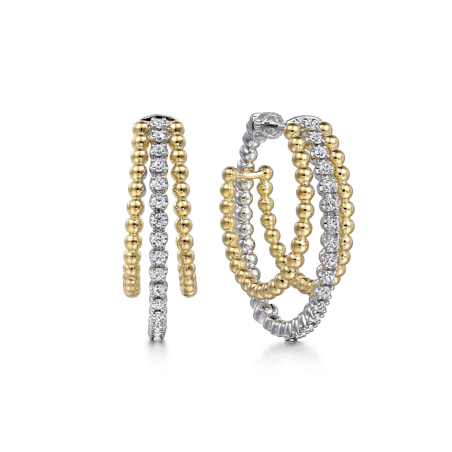14K White-Yellow Gold Diamond Bujukan Intricate Hoop Earrings