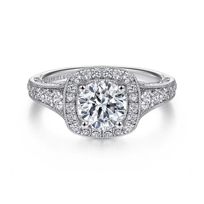 Florence - Vintage Inspired 14K White Gold Cushion Halo Round Diamond Engagement Ring