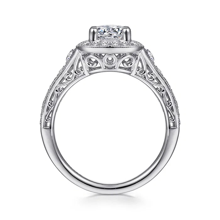 Florence - Vintage Inspired 14K White Gold Cushion Halo Round Diamond Engagement Ring