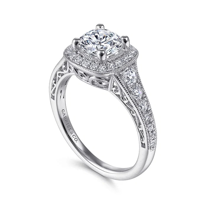 Florence - Vintage Inspired 14K White Gold Cushion Halo Round Diamond Engagement Ring