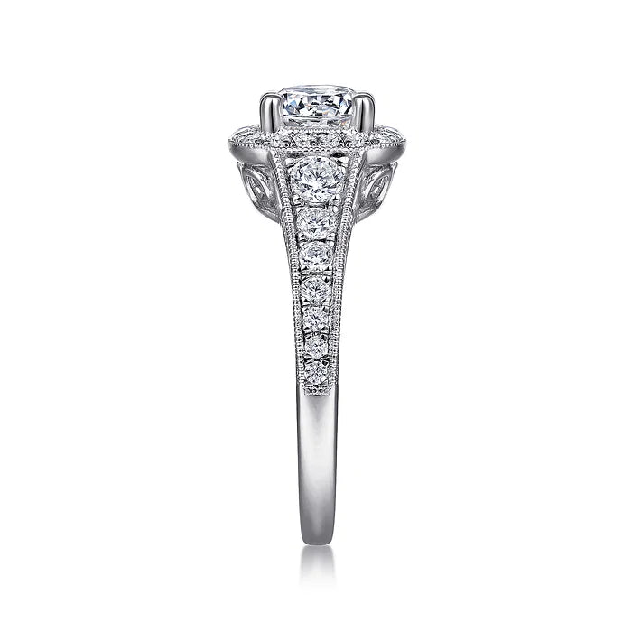 Florence - Vintage Inspired 14K White Gold Cushion Halo Round Diamond Engagement Ring