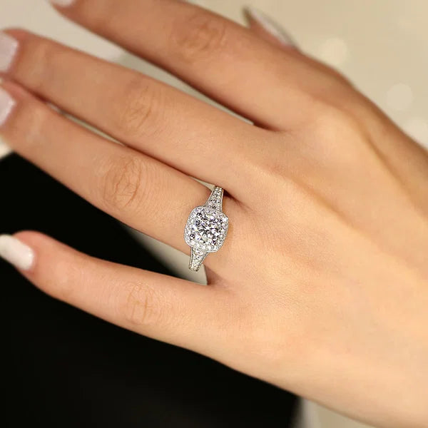 Florence - Vintage Inspired 14K White Gold Cushion Halo Round Diamond Engagement Ring
