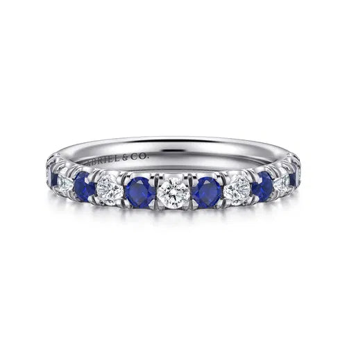 14K White Gold 13 Stone Diamond and Sapphire Anniversary Band