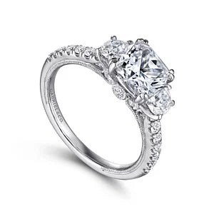 14K White Gold Cushion Cut Three Stone Diamond Engagement Ring-ALOISE