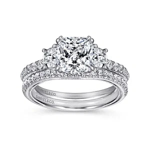 14K White Gold Cushion Cut Three Stone Diamond Engagement Ring-ALOISE
