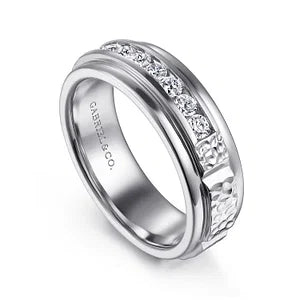 14K White Gold Diamond Mens Wedding Ring in Sand Blast Finish