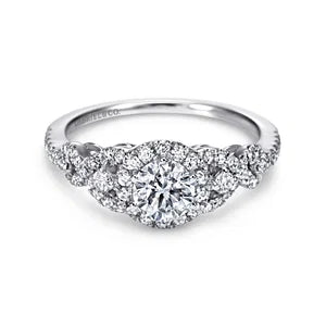 14K White Gold Round Three Stone Halo Diamond Engagement Ring- KALINDA
