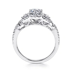 14K White Gold Round Three Stone Halo Diamond Engagement Ring- KALINDA