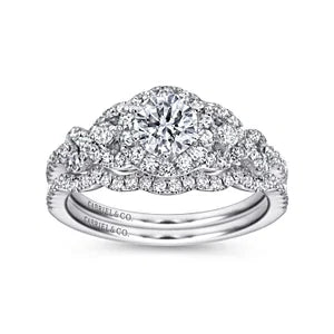 14K White Gold Round Three Stone Halo Diamond Engagement Ring- KALINDA