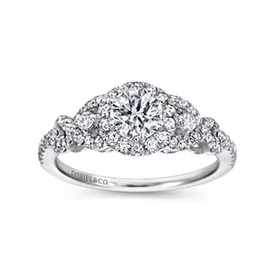 14K White Gold Round Three Stone Halo Diamond Engagement Ring- KALINDA