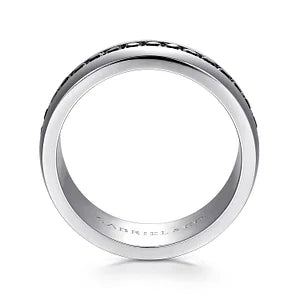 14K White Gold and Black Diamond Wedding Band in High Polished Finish
