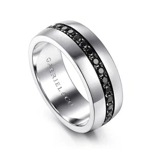 14K White Gold and Black Diamond Wedding Band in High Polished Finish