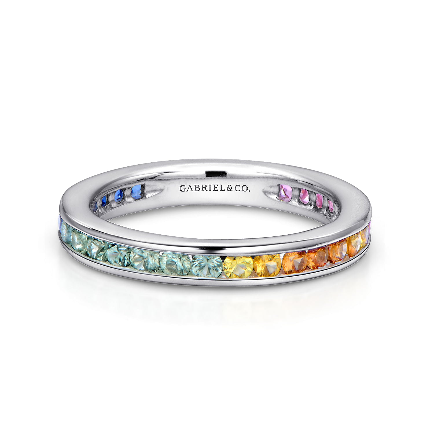 14K White Gold Pink, Green and White Sapphire Stackable Band