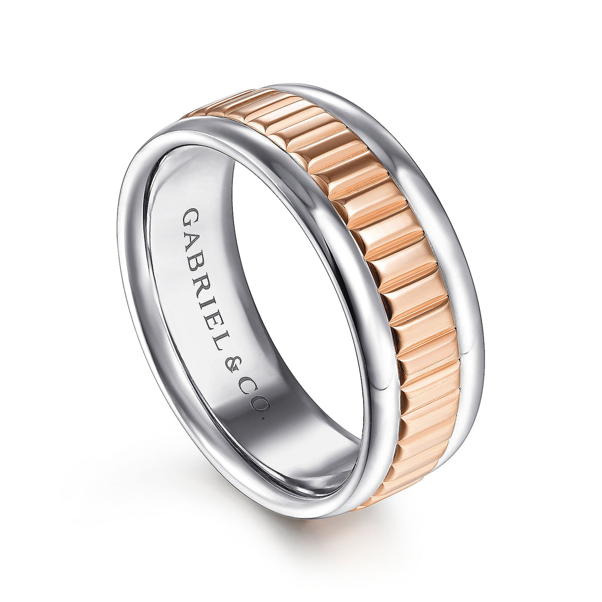 14K White-Rose Gold 8mm - Two Tone Carved Men&#39;s Wedding Band in High Polish Finish
