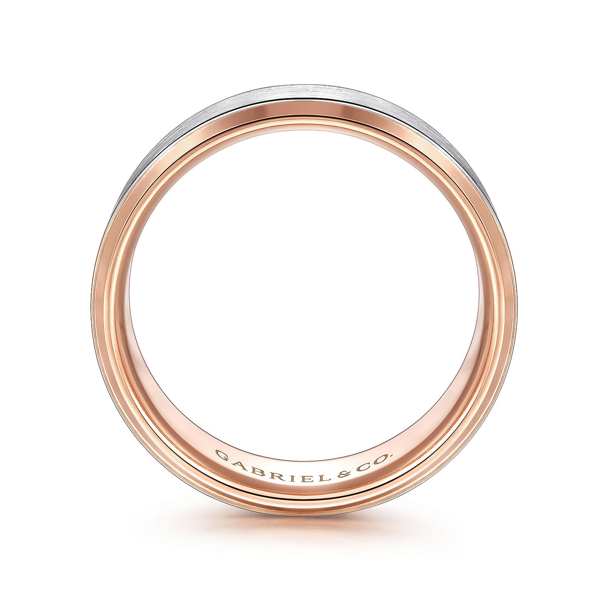 14K White-Rose Gold 8mm - Two Tone Beveled Edge Men&#39;s Wedding Band in Satin Finish