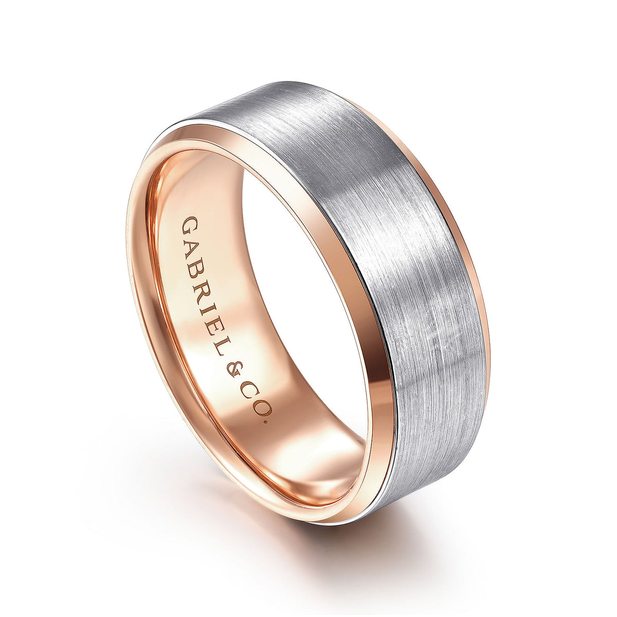 14K White-Rose Gold 8mm - Two Tone Beveled Edge Men&#39;s Wedding Band in Satin Finish