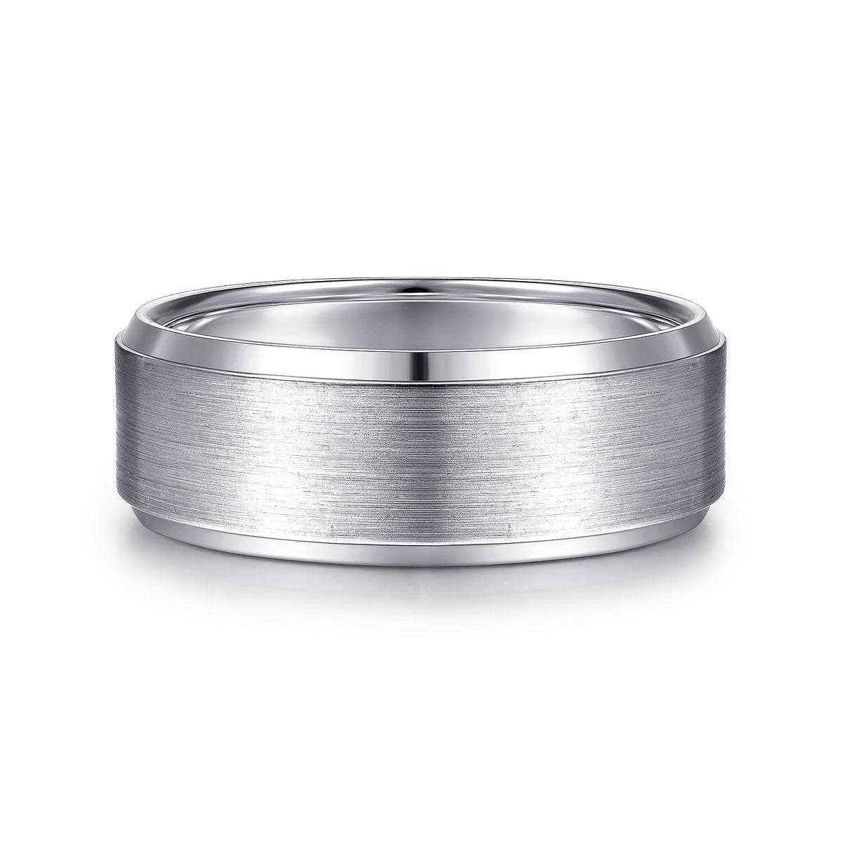 14K White Gold 8mm - Beveled Edge Men&#39;s Wedding Band in Satin Finish