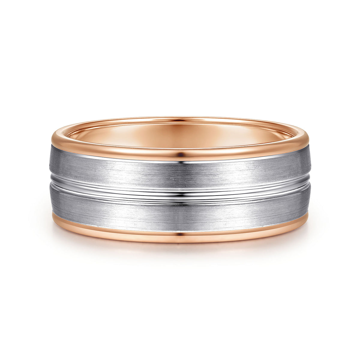 14K White-Rose Gold 8mm - Two Tone Men&#39;s Wedding Band in Satin Finish