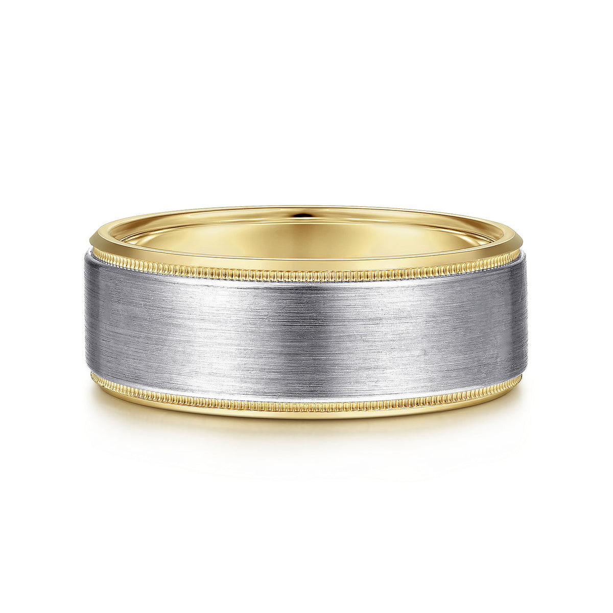 14K White-Yellow Gold 8mm - Two Tone Beveled Edge Men&#39;s Wedding Band in Satin Finish
