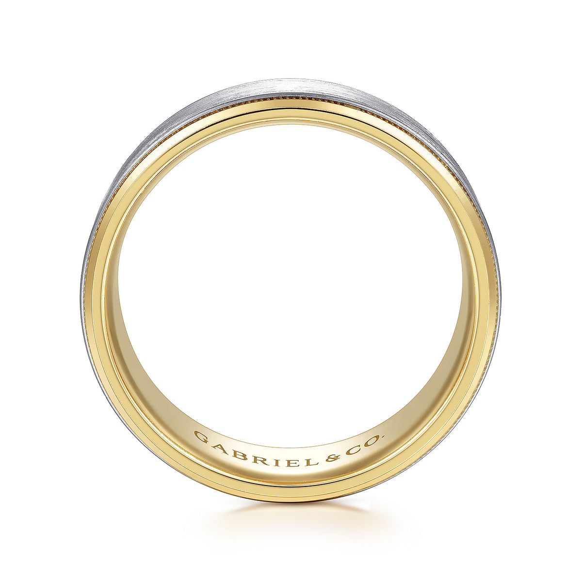 14K White-Yellow Gold 8mm - Two Tone Beveled Edge Men&#39;s Wedding Band in Satin Finish