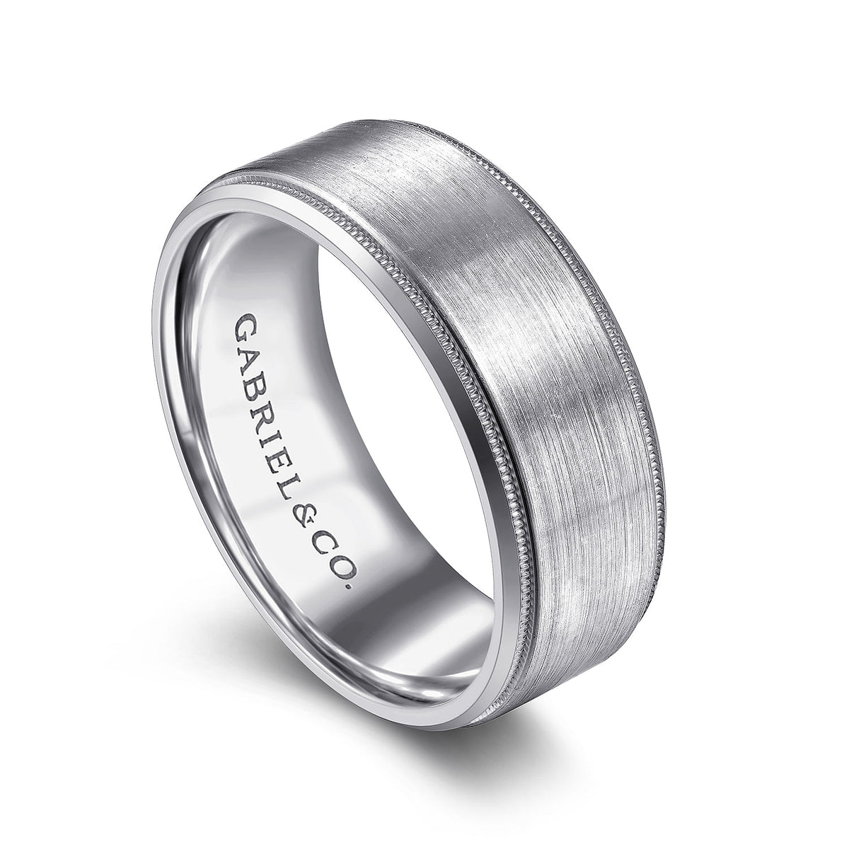 14K White Gold 8mm - Beveled Edge Men&#39;s Wedding Band in Satin Finish