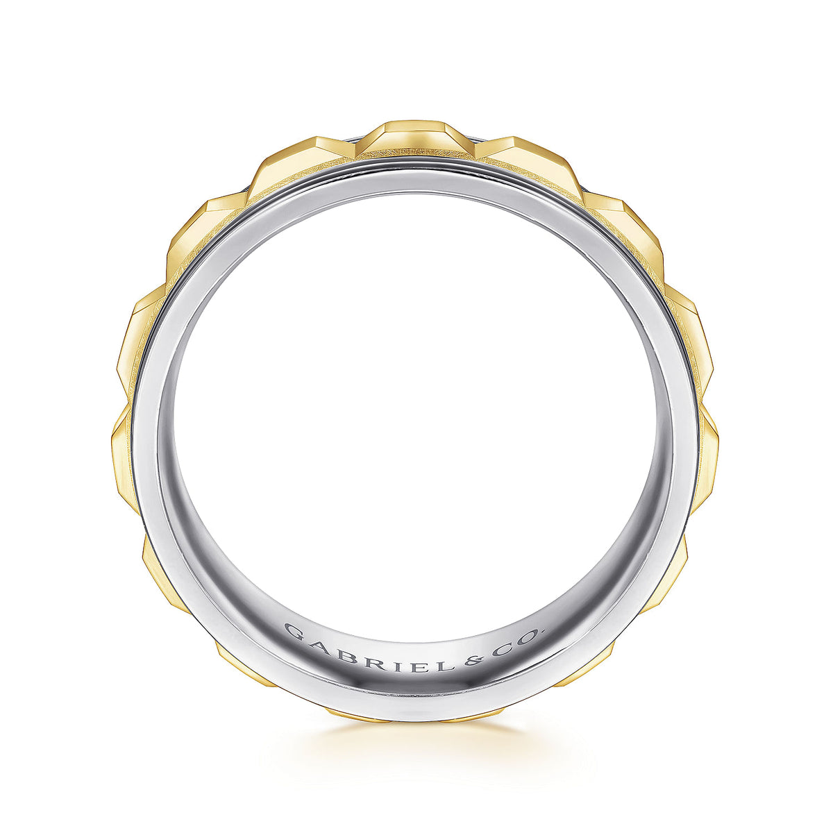 14K White-Yellow Gold 8mm - Grommet Inlay Men&#39;s Two Tone Wedding Band