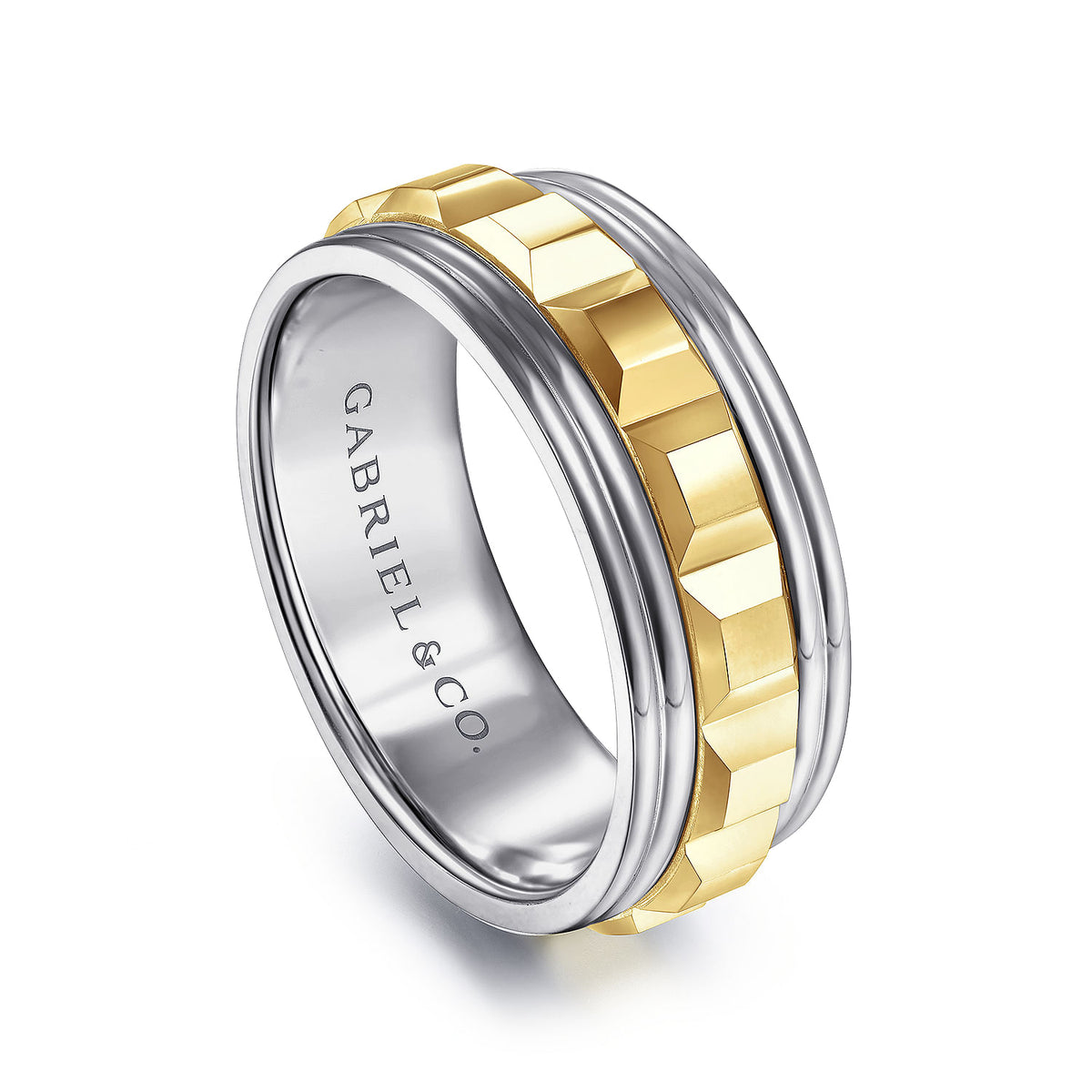 14K White-Yellow Gold 8mm - Grommet Inlay Men&#39;s Two Tone Wedding Band