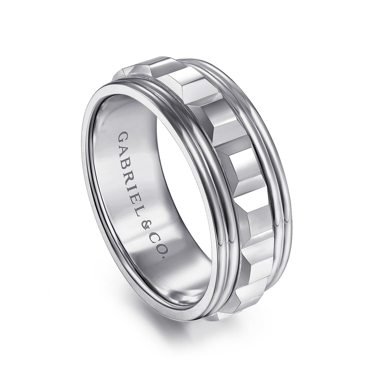 14K White Gold 8mm - Diamond Cut Inner Channel, Rounded Edge Men&#39;s Wedding Band in High Polished Finish