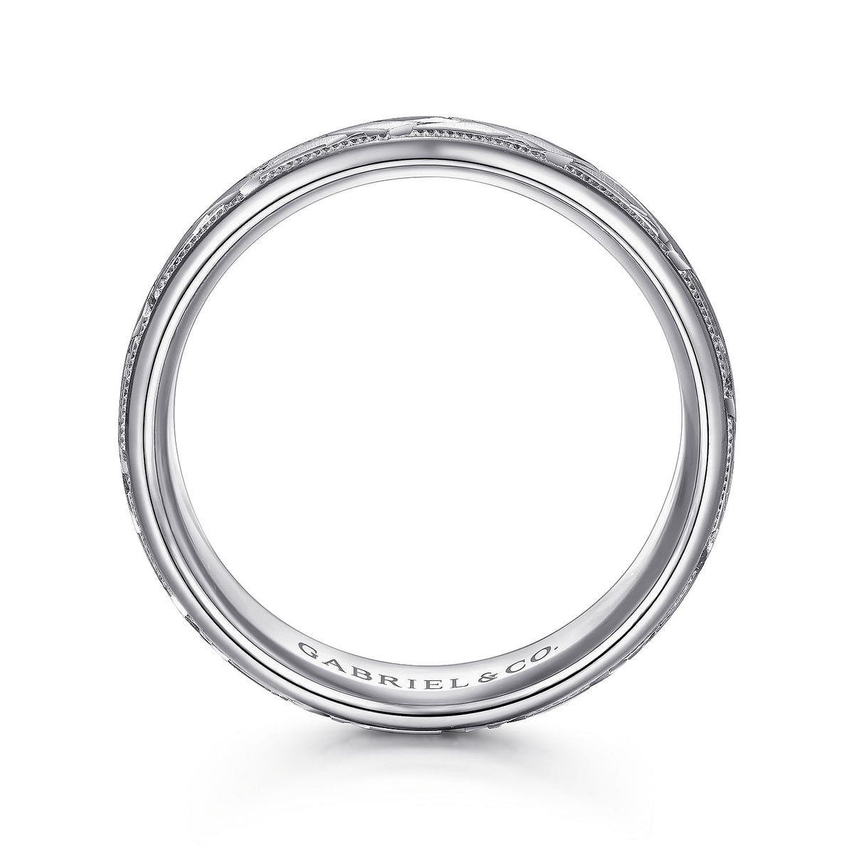 14K White Gold 7mm - Engraved Woven Men&#39;s Wedding Band in Satin Finish