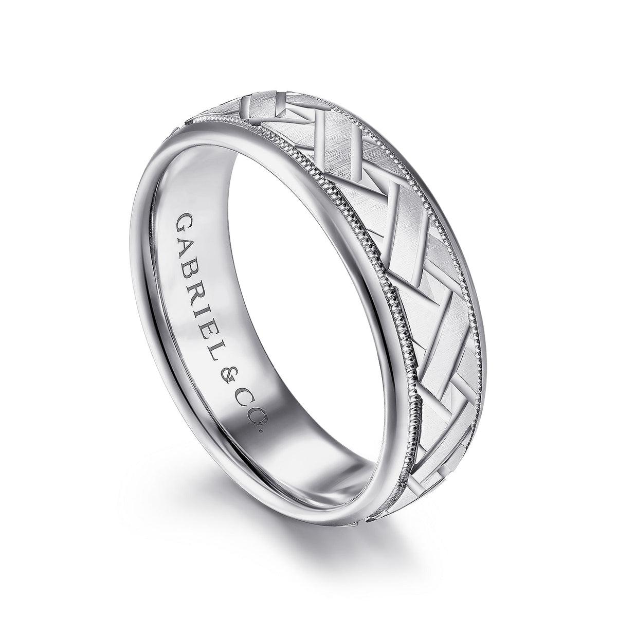 14K White Gold 7mm - Engraved Woven Men&#39;s Wedding Band in Satin Finish