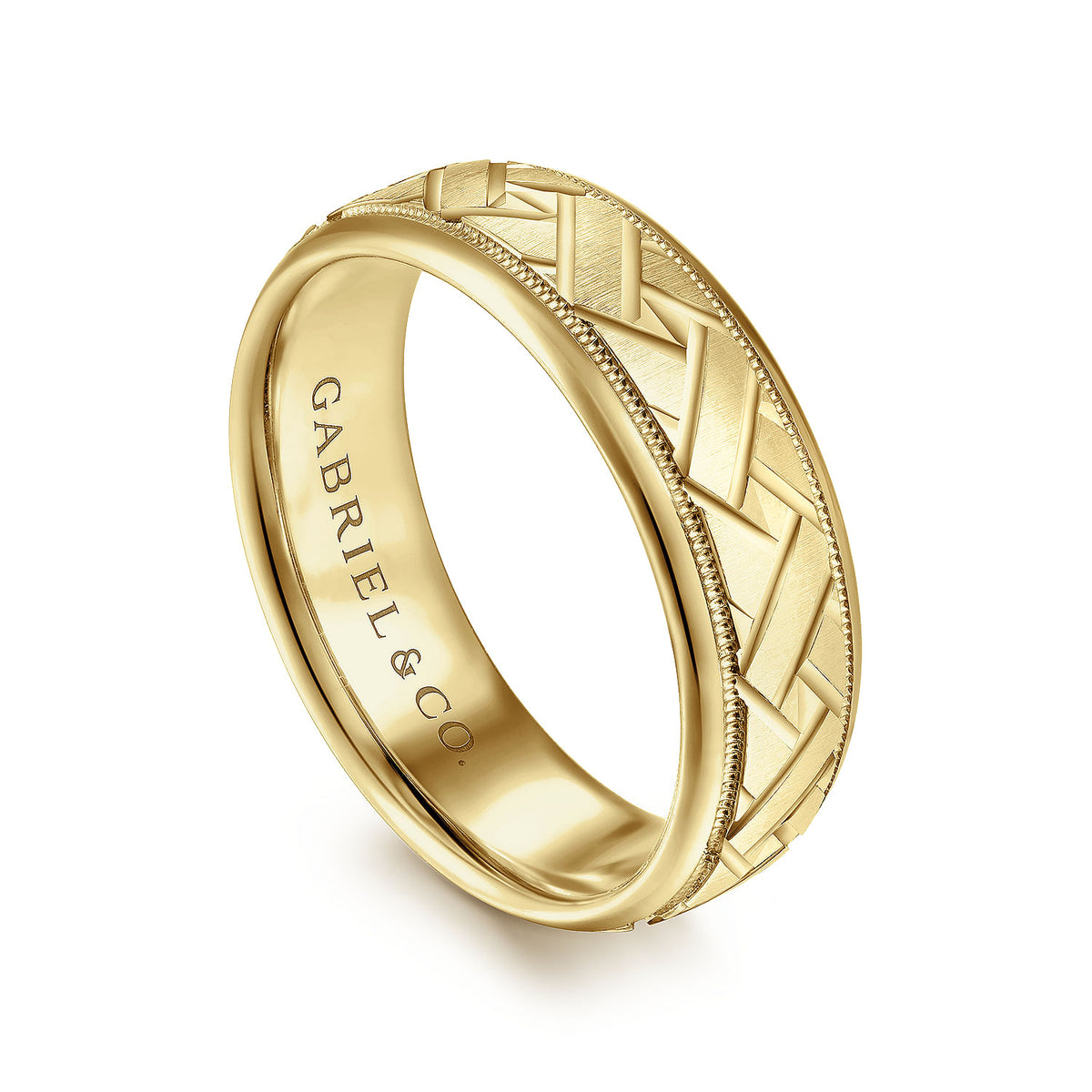 14K Yellow Gold 7mm - Engraved Woven Men&#39;s Wedding Band in Satin Finish