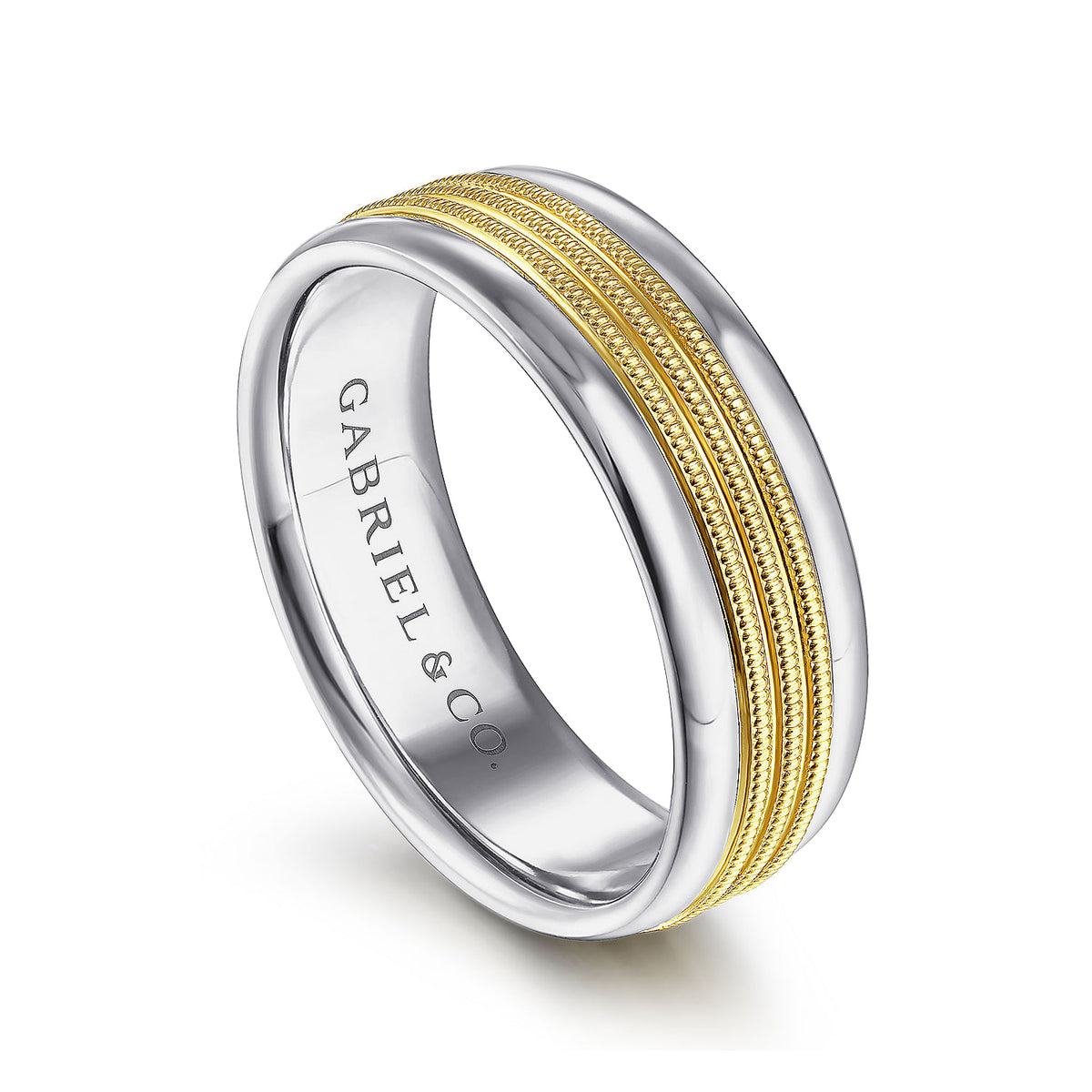 14K White-Yellow Gold 7mm - Two Tone Men&#39;s Wedding Band in High Polished Finish