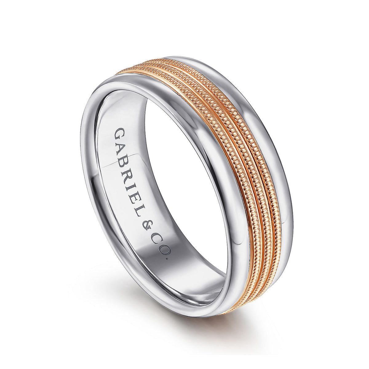 14K White-Rose Gold 7mm - Two Tone Men&#39;s Wedding Band in High Polished Finish