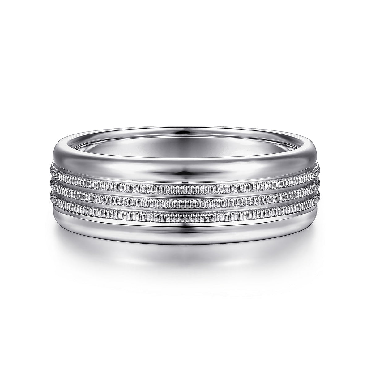 14K White Gold 7mm - Center Rope Channels and Polished Edge Men&#39;s Wedding Band in High Polished Finish