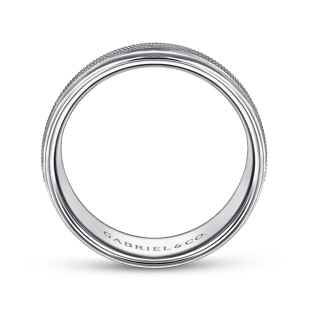 14K White Gold 7mm - Center Rope Channels and Polished Edge Men&#39;s Wedding Band in High Polished Finish